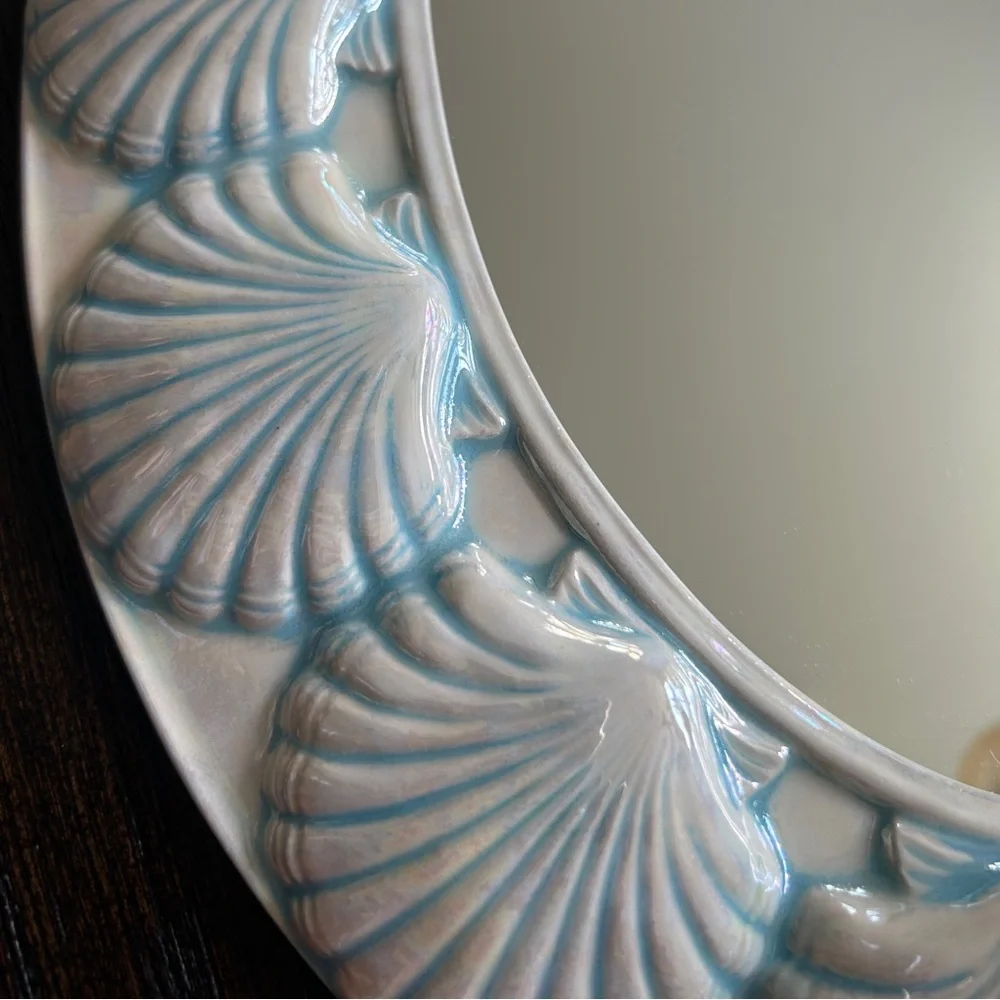Vintage RARE Ceramic Hand Painted Scallop Seashell Oval Framed Wall Mirror